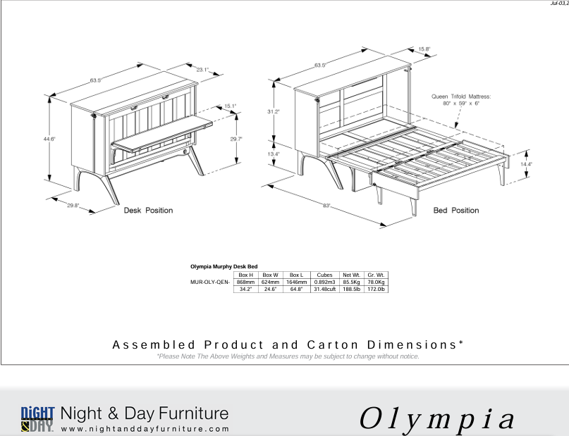 Olympia Murphy Desk Bed in Dark Walnut Finish, QUEEN Size.