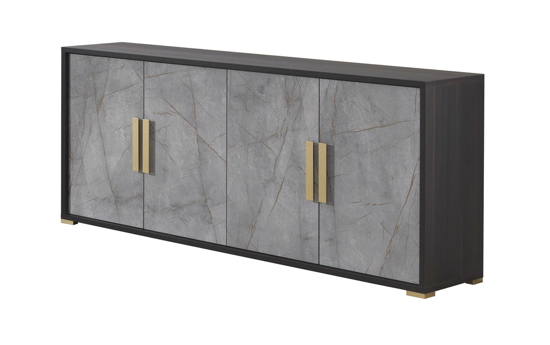 J & M Furniture Travertine Buffet in Dark Oak and Gray/Bronze Marble