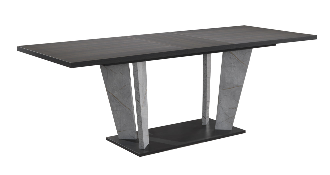 J & M Furniture Travertine Dining Table in Dark Oak and Gray/Bronze Marble