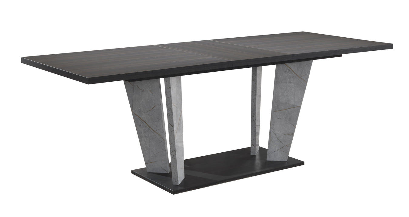 J & M Furniture travertine dining table with dark oak base and gray bronze marble top, modern and elegant for dining rooms