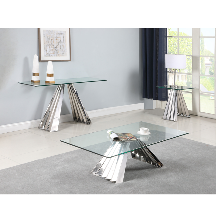 Contemporary 28"x 51" Glass Cocktail Table | Clear Glass with Flare Pyramid Stainless Steel Base