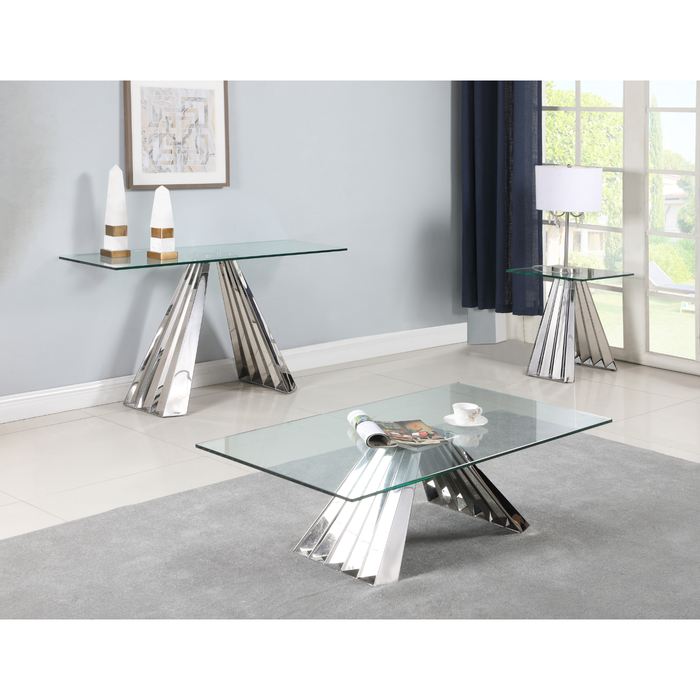 Contemporary 18x55-inch glass sofa table with clear glass top and pyramid-shaped stainless steel base by Chintaly