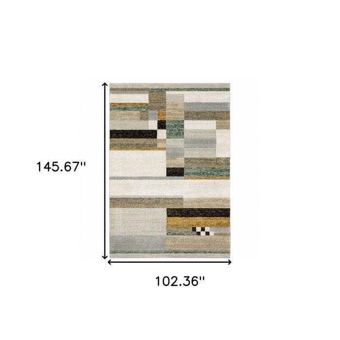 9' x 12' Geometric Power Loom Area Rug - Beige Gold Black Gray Tan Teal And Rust