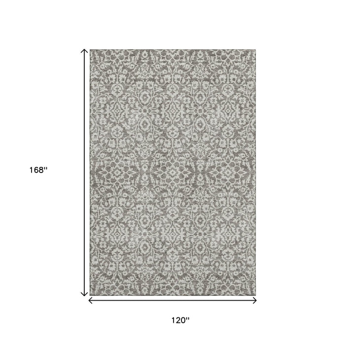 10' X 14' Damask Washable Area Rug With UV Protection (673175) - Taupe / Ivory