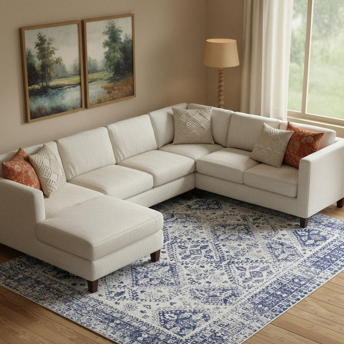 8' X 10' Geometric Distressed Area Rug (551042) - Ivory / Blue