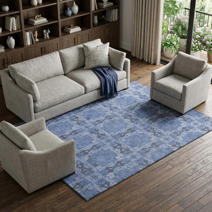 8' X 10' Floral Medallion Washable Area Rug With UV Protection (649478) - Denim Blue / Ivory