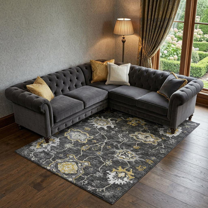 8' X 10' Floral Medallion Distressed Washable Area Rug With UV Protection (644614) - Graphite / Ivory / Gold