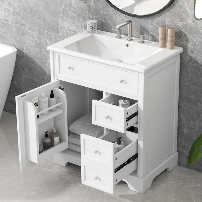 White Giga bathroom vanity with sink top, cabinet door, and two drawers, featuring a sleek modern design.