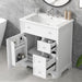 White Giga bathroom vanity with sink top, cabinet door, and two drawers, featuring a sleek modern design.