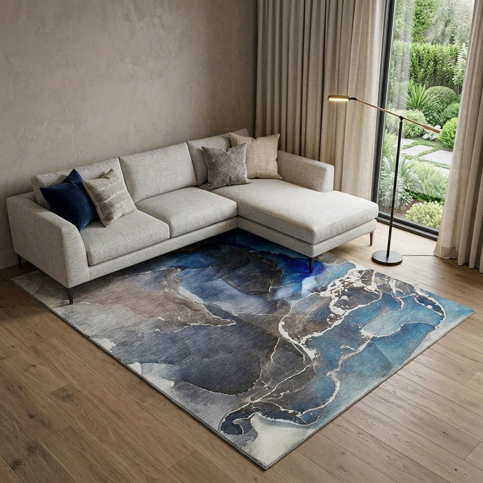 8' X 10' Abstract Washable Area Rug With UV Protection (646684) - Navy Blue / Charcoal