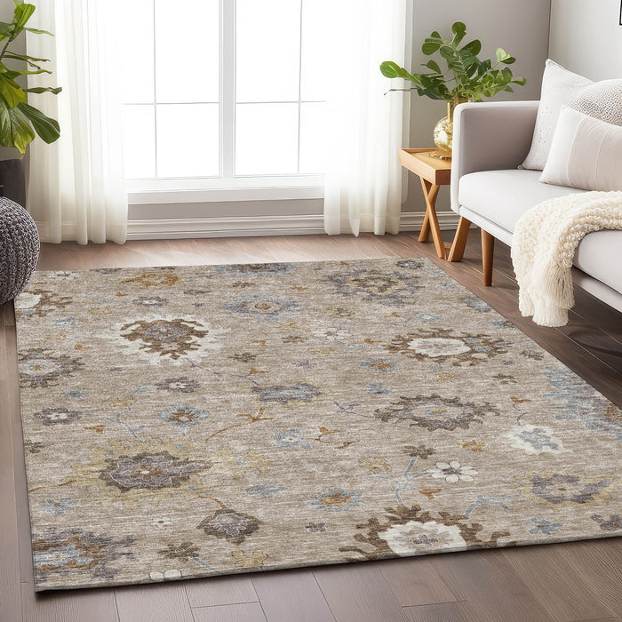 9' X 12' Floral Medallion Washable Area Rug With UV Protection - Taupe