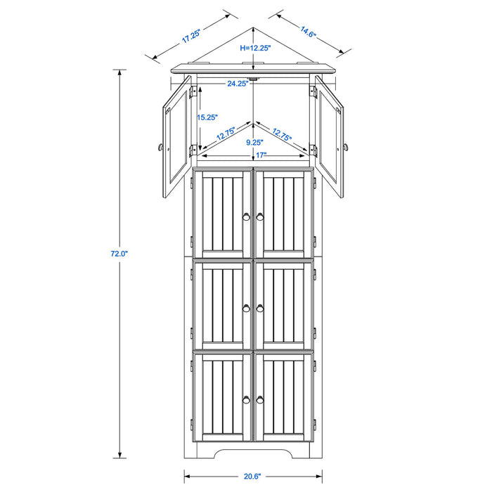 Giga tall accent storage cabinet with doors and four shelves, ideal for living room, kitchen, office, or bedroom storage.