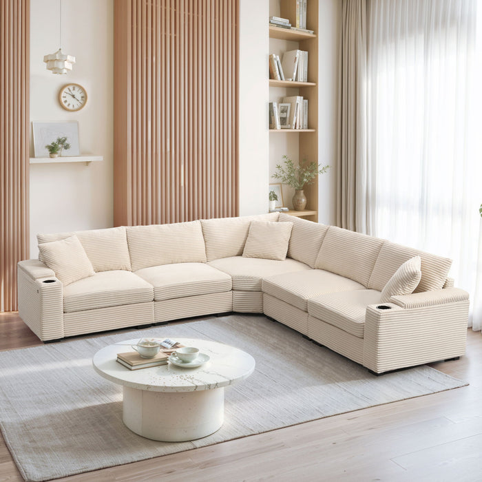 Giga convertible L-shaped sectional sofa with armrest storage, cup holders, USB charger, oversized, modular, plush and comfortable.