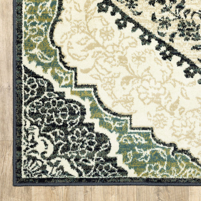 10' x 13' Oriental Power Loom Stain Resistant Area Rug - Ivory Navy And Green