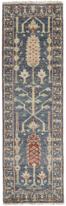 8' Wool Floral Hand Knotted Stain Resistant Runner Rug With Fringe - Gray Gold And Red