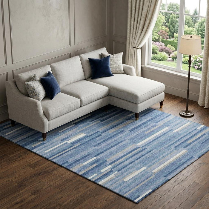 10' X 14' Striped Washable Area Rug With UV Protection (671102) - Sky Blue / Ivory / Gray