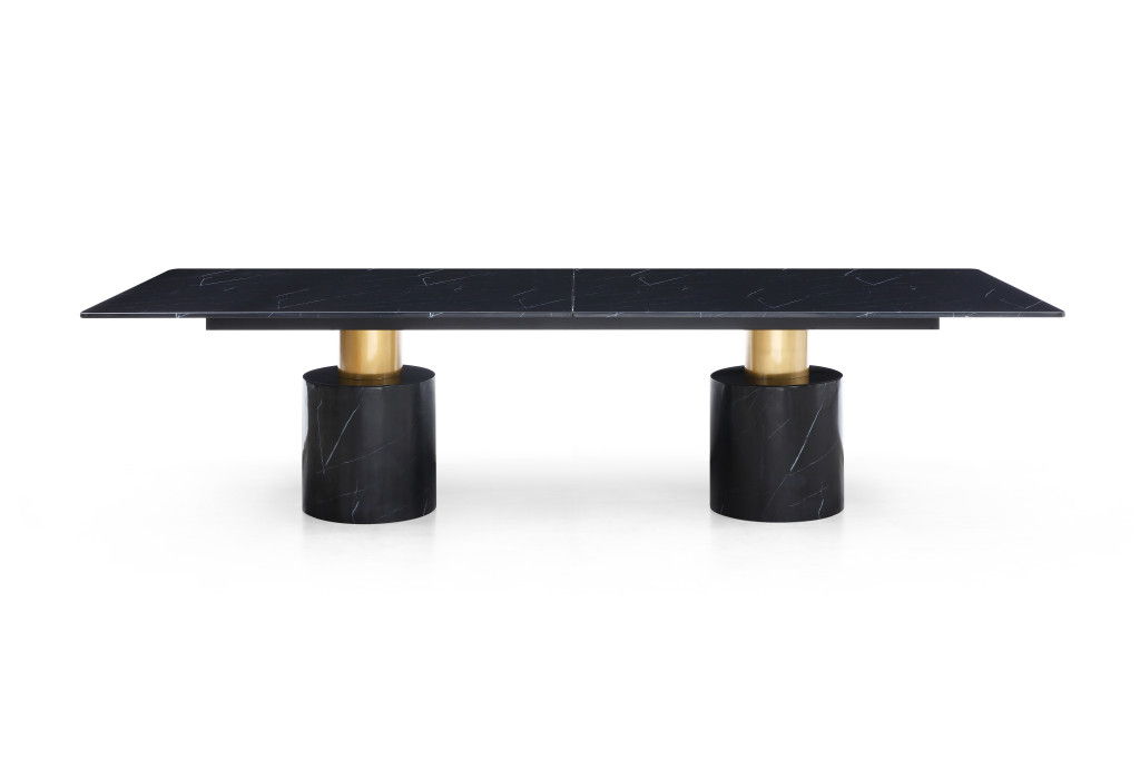 Marble Steel Double Pedestal Base Dining Table - Black / Gold