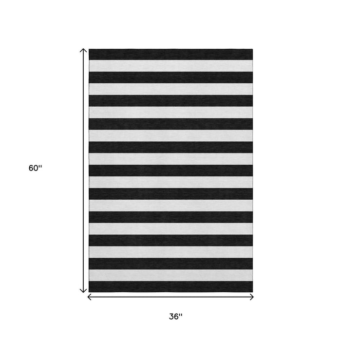 3' X 5' Striped Washable Area Rug With UV Protection (647561) - Black / Ivory