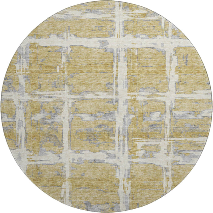 8' Striped Washable Round Rug With UV Protection - Gold