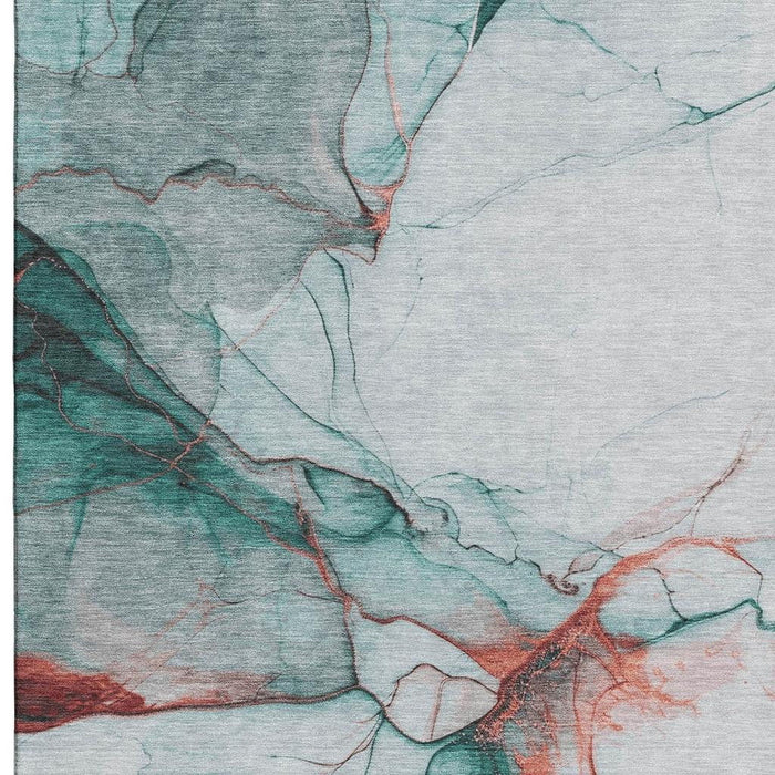 10' X 14' Abstract Washable Area Rug With UV Protection (697326) - Teal / Terra Cotta / Ivory
