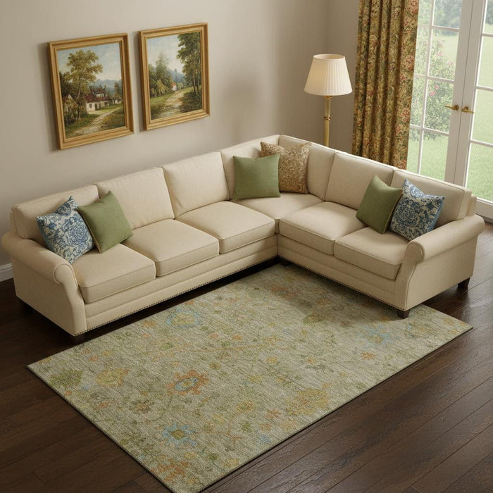 10' X 14' Floral Washable Area Rug With UV Protection (708451) - Sage / Gold / Blue