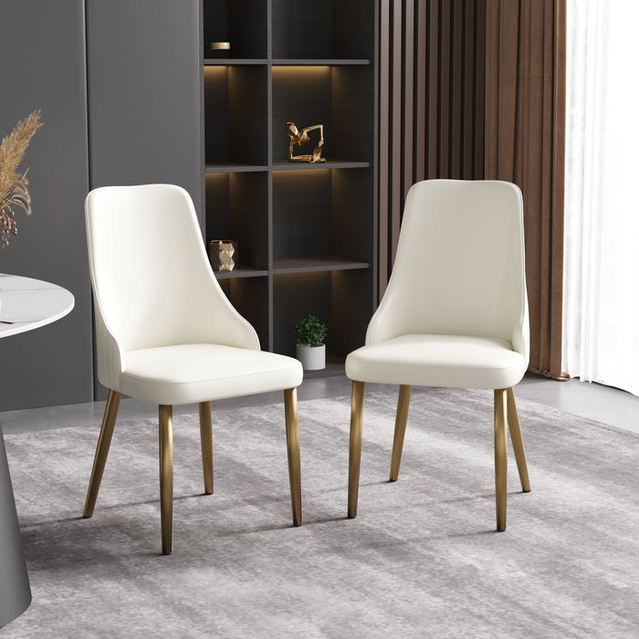 Set of two Giga modern white dining chairs with sponge-filled seats, solid wood and metal legs for restaurant or living room use.