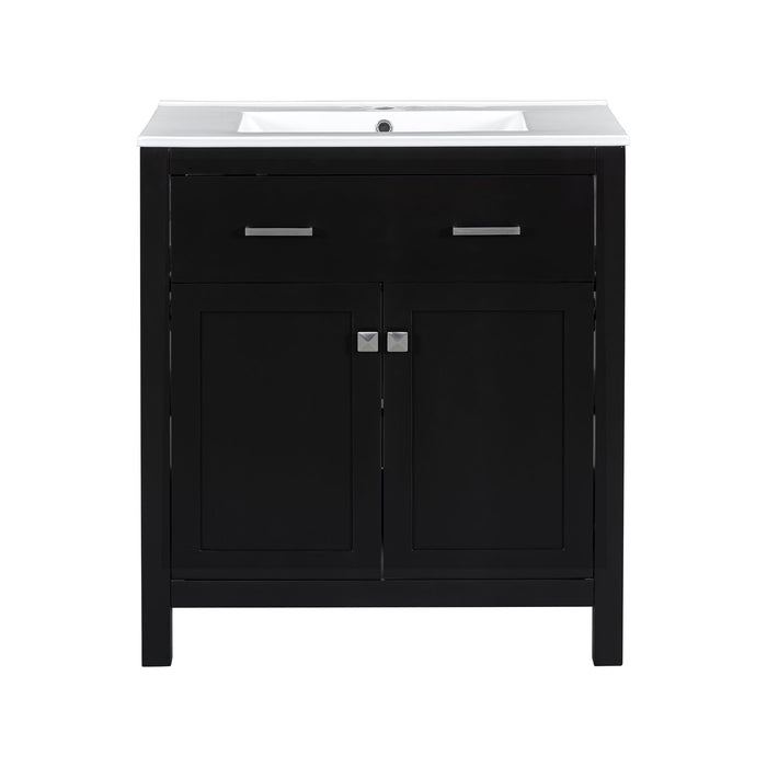 Giga modern bathroom vanity with ceramic sink, two-door cabinet, shelf, and soft-close doors, ideal for contemporary bathrooms