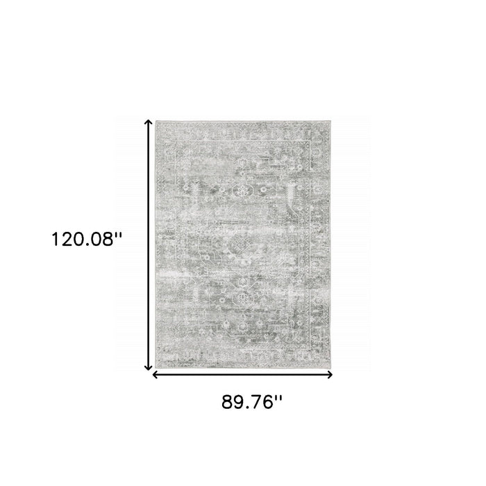 8' x 10' Oriental Printed Stain Resistant Non Skid Area Rug - Sage Green Gray Ivory And Silver