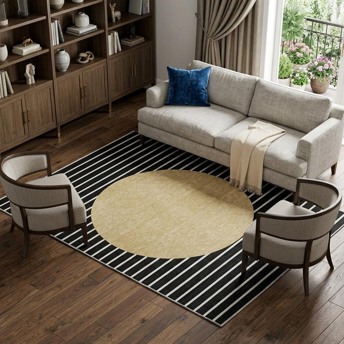 10' X 14' Striped Washable Area Rug With UV Protection (678275) - Black / Ivory / Gold