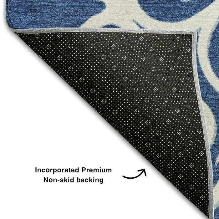 10' X 14' Floral Medallion Washable Area Rug With UV Protection (669534) - Navy Blue / Ivory / Gray