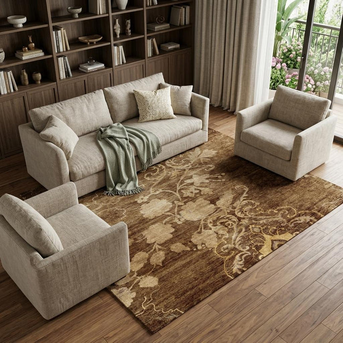 8' X 10' Floral Hand Knotted Area Rug (744273) - Brown / Tan / Ivory
