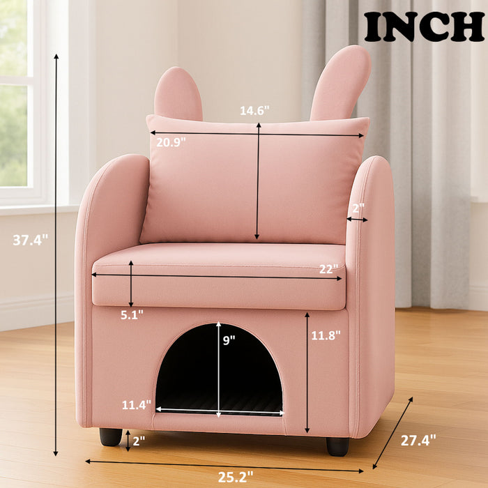 Pink bunny ear pet-friendly armchair by Giga with hidden pet house and storage pocket, ideal for bedroom or living room.