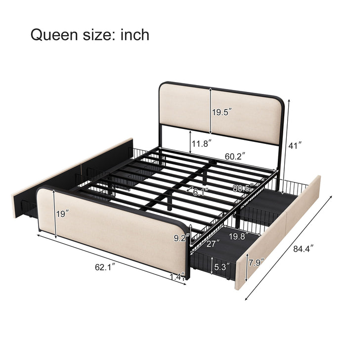 Modern Bed With Curved Upholstered Headboard And Footboard, Heavy Duty Metal Slats