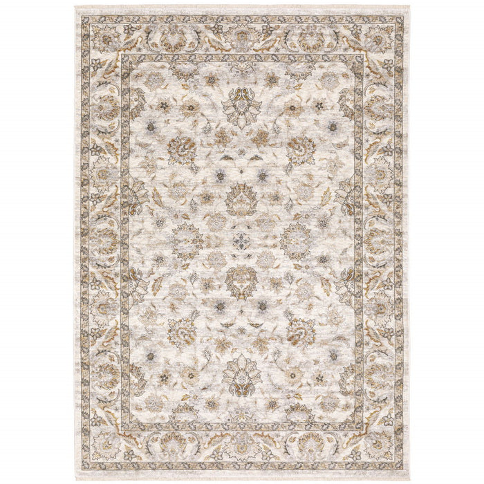 9.8' x 12.9' Oriental Power Loom Stain Resistant Area Rug With Fringe - Ivory And Grey
