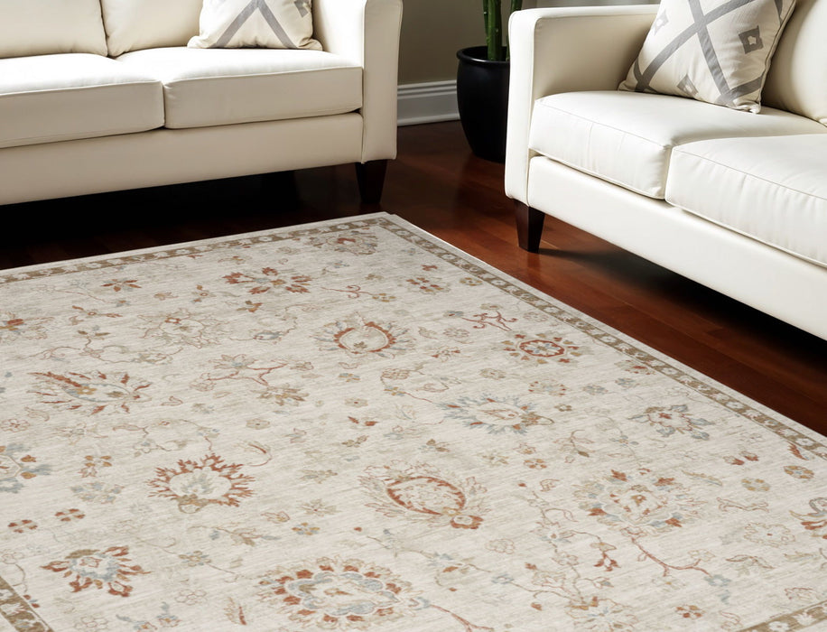 9' X 13' Floral Power Loom Distressed Area Rug With Fringe - Ivory