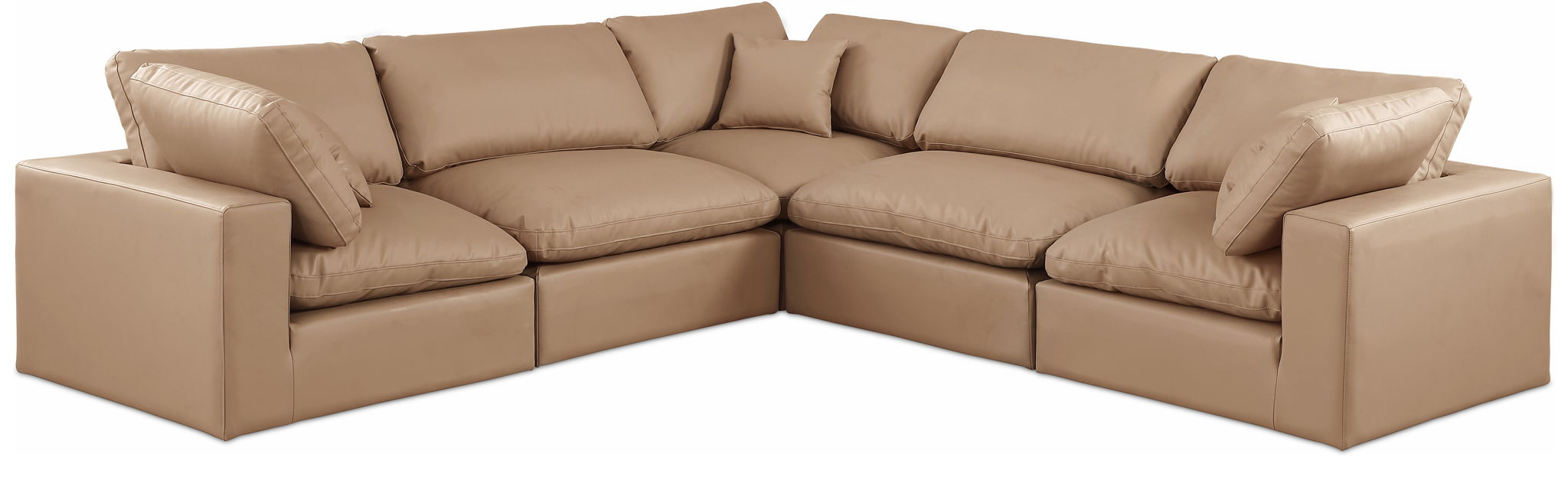 Tan Meridian Furniture Comfy 5-piece faux leather modular corner sectional sofa with plush cushions and modern design.