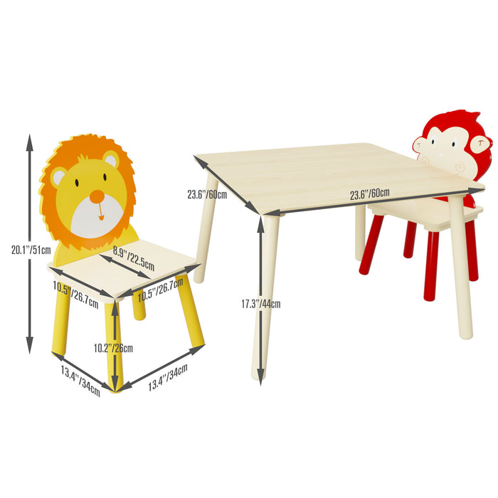 Giga kids table and 2 chairs set with lion and monkey designs, wooden toddler activity play table set in natural finish.