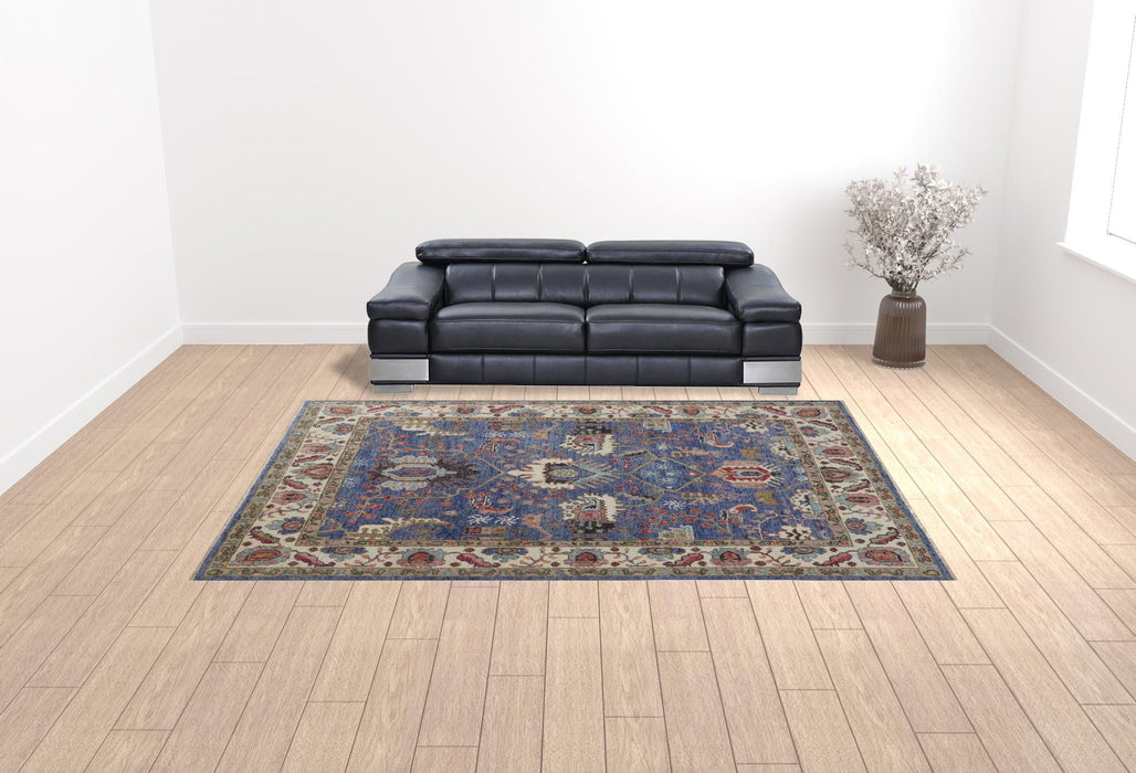 9.5' x 13.5' Wool Floral Hand Knotted Stain Resistant Area Rug - Blue And Red