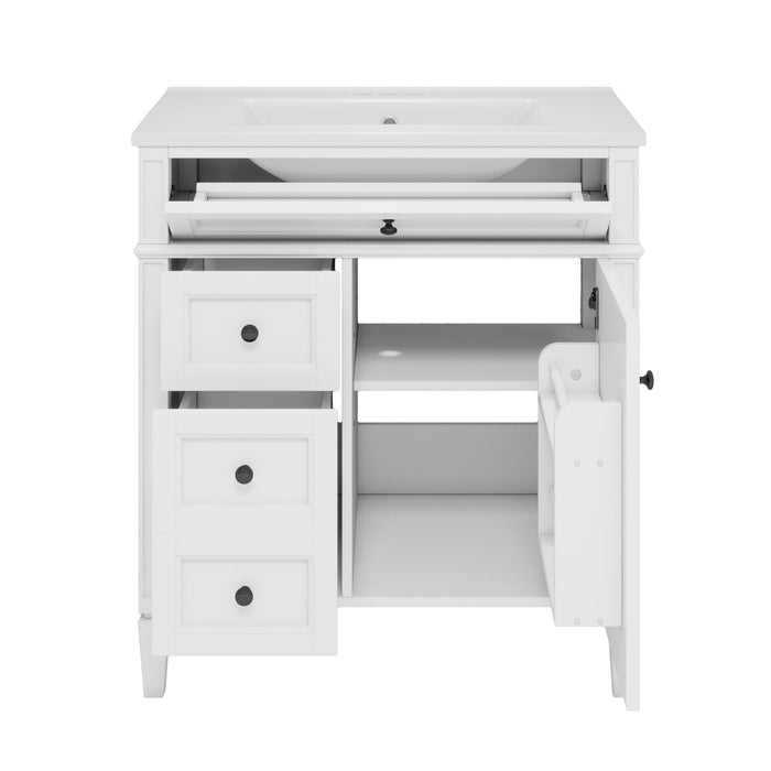 Giga bathroom vanity with top sink, two-drawer storage cabinet, and tip-out drawer, featuring a modern design in a bright bathroom setting