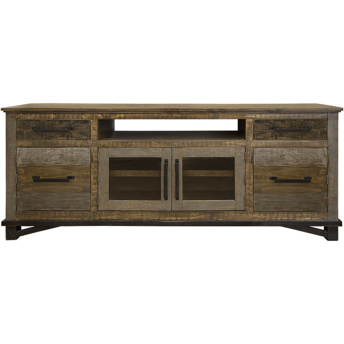 Distressed brown wood TV stand with enclosed storage, HomeRoots design, featuring cabinet doors and a rustic finish.