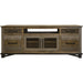 Distressed brown wood TV stand with enclosed storage, HomeRoots design, featuring cabinet doors and a rustic finish.