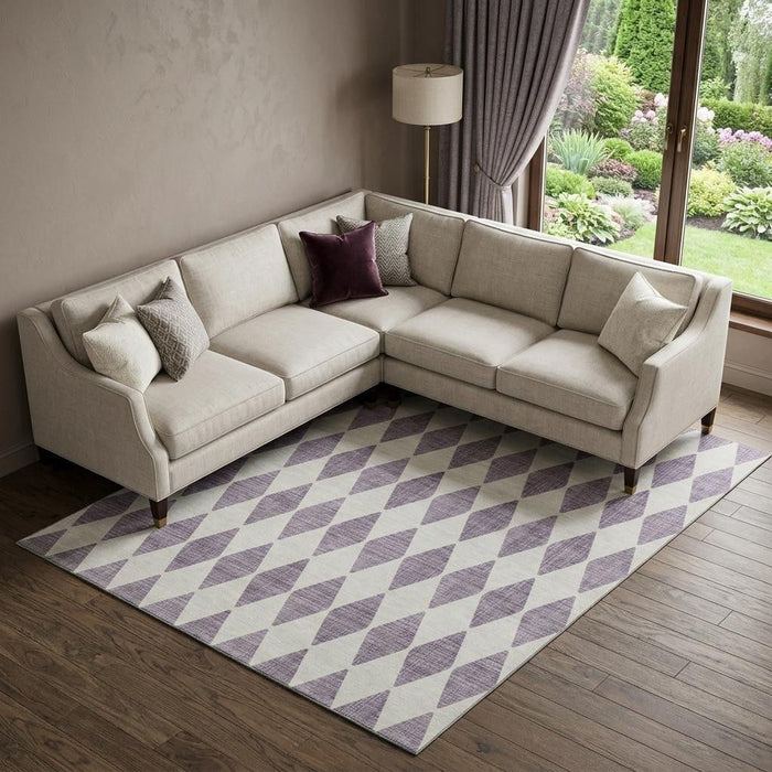 9' X 12' Diamond Washable Area Rug With UV Protection (650097) - Purple / Ivory