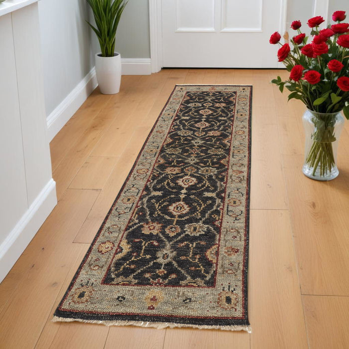 8' Oriental Hand Knotted Runner Rug With Fringe - Black And Gold