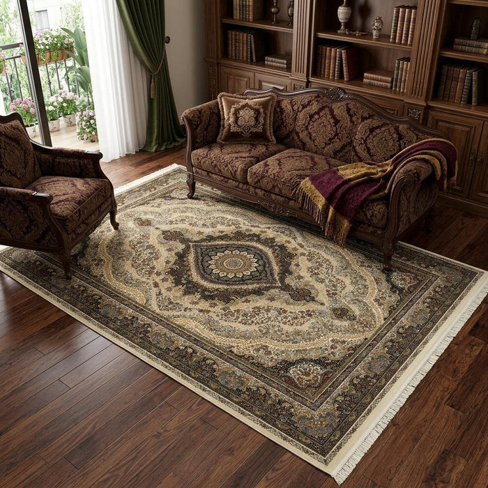 7' X 10' Medallion Area Rug With Fringe (574486) - Ivory / Black / Tan