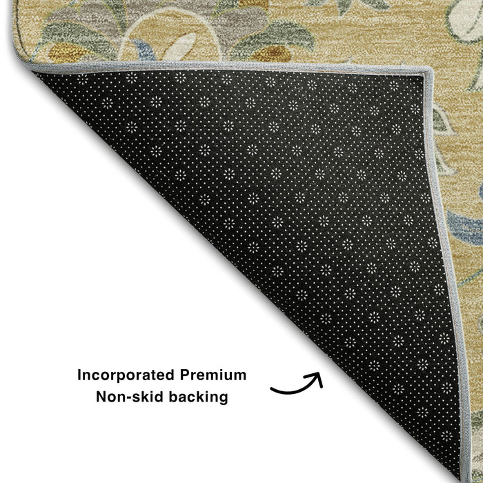 10' X 14' Floral Washable Area Rug With UV Protection (679018) - Wheat / Blue / Beige