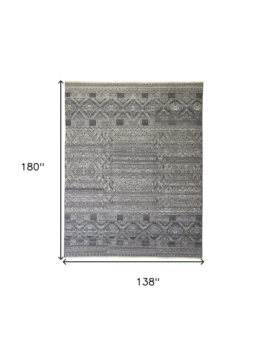 12' x 15' Geometric Hand Knotted Area Rug - Gray Ivory And Blue