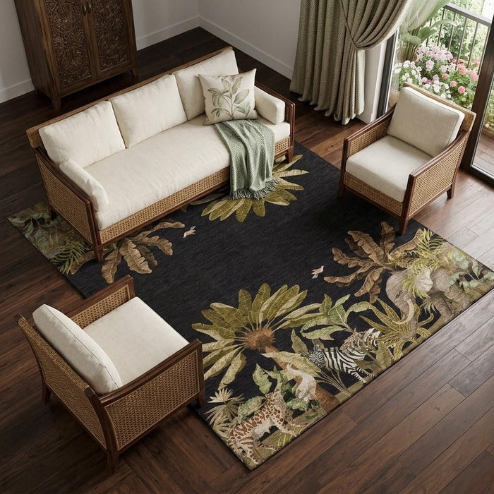 10' X 14' Tropical Botanical Distressed Washable Area Rug With UV Protection (646355) - Midnight / Brown / Olive Green