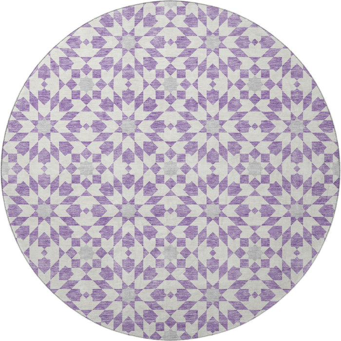 8' Geometric Washable Round Rug With UV Protection - Lavender And Ivory