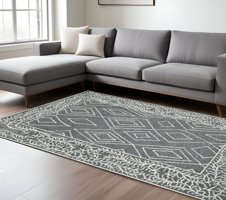 8' X 10' Wool Geometric Hand Hooked Area Rug - Gray / Ivory