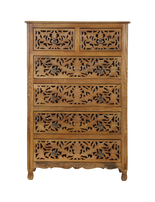 Carved Floral Solid Wood Six Drawer Dresser - Brown